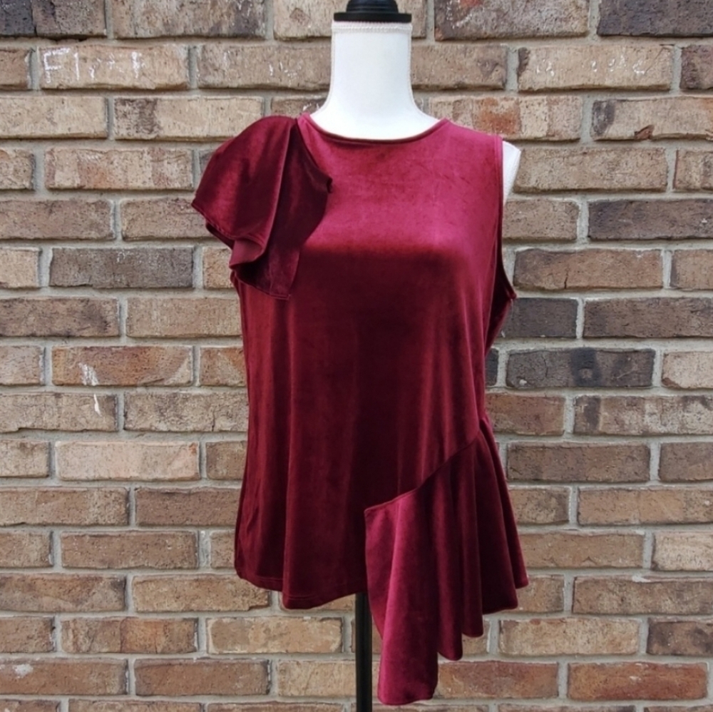 NORDSTROM Halogen Velvet Ruffle Top - M Red